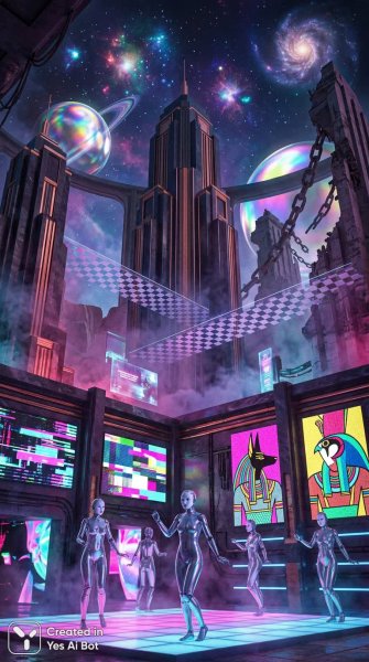 Неоновый рай ар-деко: сплав технологий и древних богов в цифровом оазисе. Нейронная сеть Nano Banana