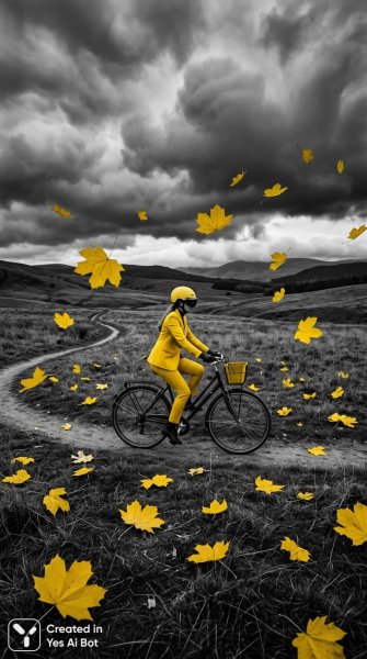Желтый костюм и осенний велопроезд в сюрреалистичном поле. Изображение из нейронной сети Nano-Banana