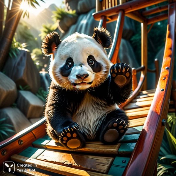 Панда-малыш и деревянная горка: радость и солнечный день в зоопарке. Картинка из нейронной сети Stable Diffusion