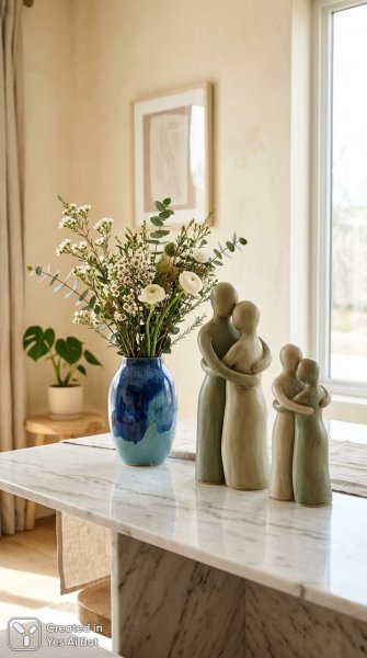 Спокойные объятия: керамические статуэтки в уютном интерьере. Изображение из нейронной сети Nano-Banana