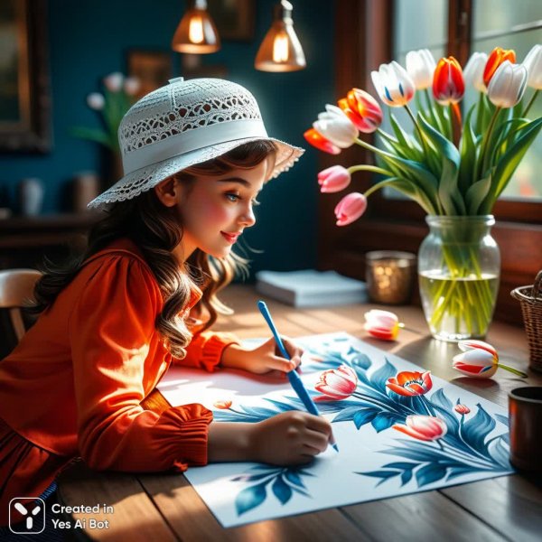 Поле с тюльпанами и волшебный мир на бумаге. Нейронная сеть Stable Diffusion