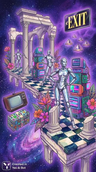 Сюрреалистическая симфония: руины, кибернетика и неоновое великолепие. Картинка из нейронной сети Nano Banana