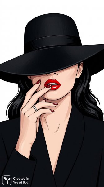 Загадочная красота в стиле поп-арт: векторный портрет с красной помадой и шляпой. Нейронная сеть Нано Банана