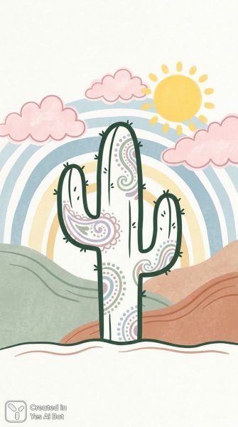 Яркое солнце и облака: психоделический кактус в детском стиле. Генерация из нейронной сети Нано Банана