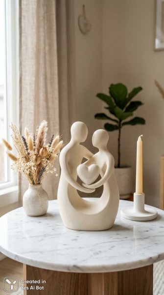 Изящная керамическая скульптура пары с сердцем в минималистичном стиле. Генерация из нейронной сети Нано Банана