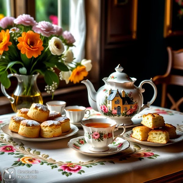 Изысканный английский чай: уют и цветочный шарм. Нейронная сеть Stable Diffusion