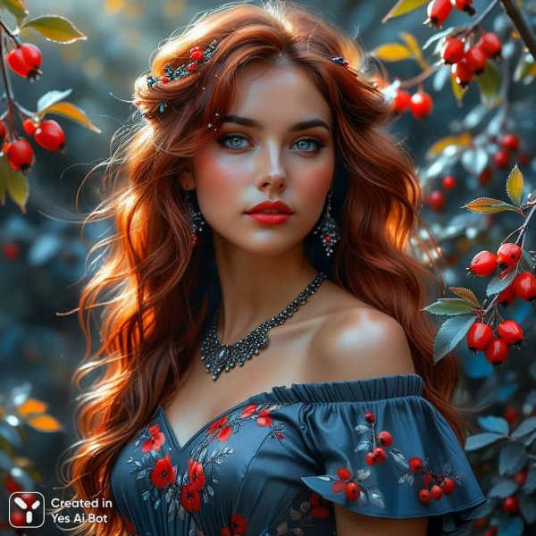 Девушка в сером платье среди ветвей с красными рябинами: акварельный этюд. Изображение из нейронной сети Stable Diffusion