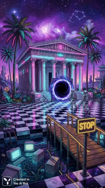 Неоновый храм: слияние древности, космоса и цифровой эстетики Vaporwave. Картинка из нейронной сети Nano Banana