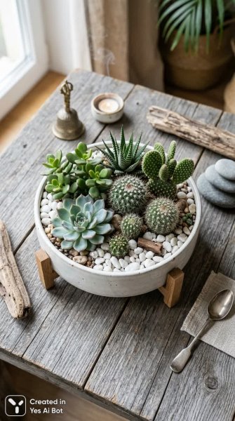 Минималистичная композиция: кактусы и суккуленты в керамической чаше. Генерация из нейросети Nano-Banana