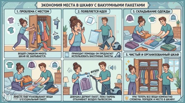 Освобождаем место: вакуумная упаковка одежды для порядка в шкафу. Генерация из нейронной сети Нано Банана