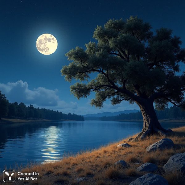 Ночная тишина: озеро под звездным небом и лунным светом в живописном пейзаже. Генерация из нейросети Flux Ai