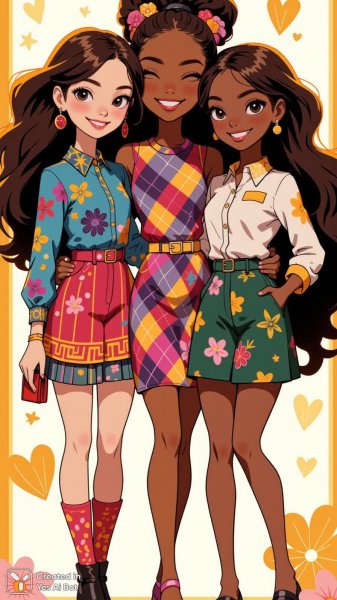 Модные куклы в ярких нарядах и с длинными волосами: радость дружбы и стиля. Изображение из нейронной сети Flux Ai