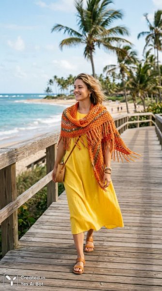 Летняя прогулка в солнечном бикини и ярком шарфе. Генерация из нейронной сети NanoBanana