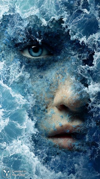 Лицо в океане: двойственная природа красоты и бури. Изображение из нейросети Миджорни