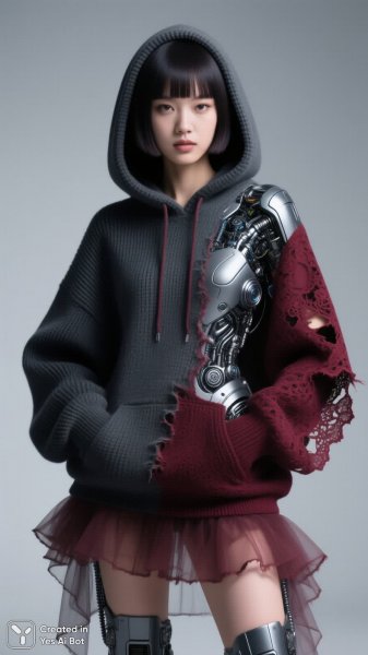 Девушка в вязаном худи с дерзким взглядом и стильными деталями. Картинка из нейронной сети Qwen Image