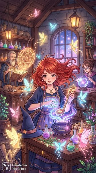 Очаровательная колдунья и волшебство природы в окружении фей и магии. Изображение из нейронной сети Нано Банана