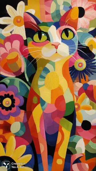 Яркий кот в мире цветов и форм, полный радости и энергии. Картинка из нейронной сети Midjourney