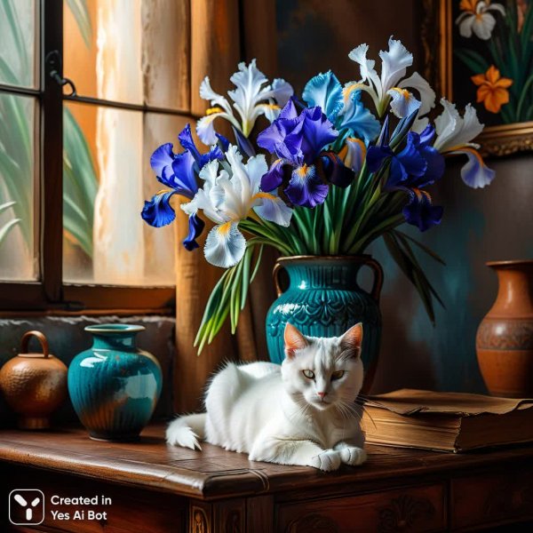 Нежность ирисов: кошачья дремота в акварельных мазках импасто. Картинка из нейросети Stable Diffusion