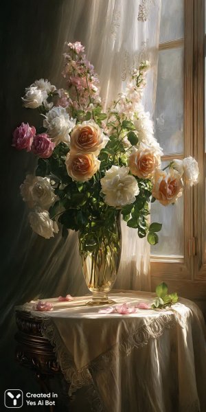 Нежное утро с розами и солнечным светом. Генерация из нейронной сети Midjourney