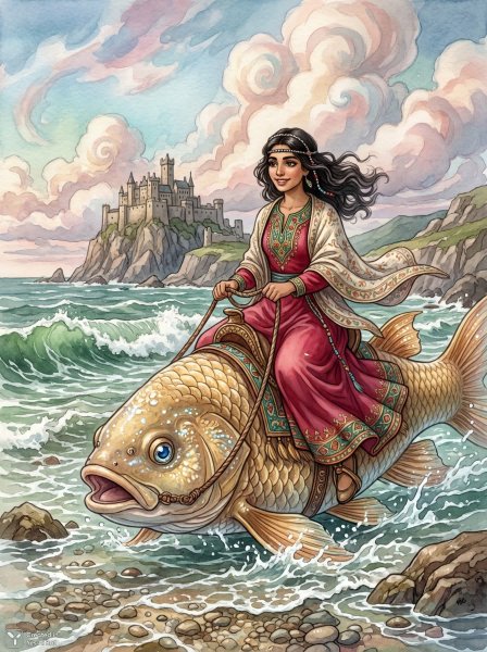 Девушка и волшебная рыба в морском приключении. Генерация из нейронной сети Nano Banana