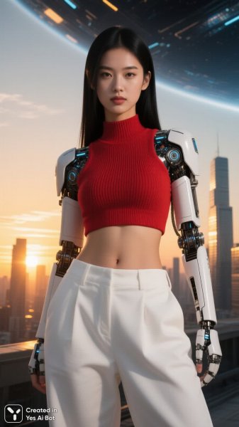 Стильная девушка на фоне городского заката в современном образе. Генерация из нейронной сети Qwen