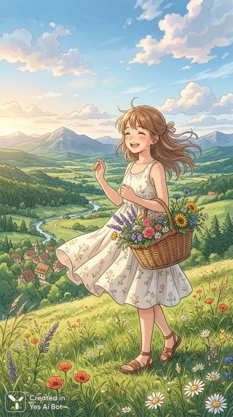 Летнее счастье на холме с цветами в корзинке. Изображение из нейросети Nano Banana