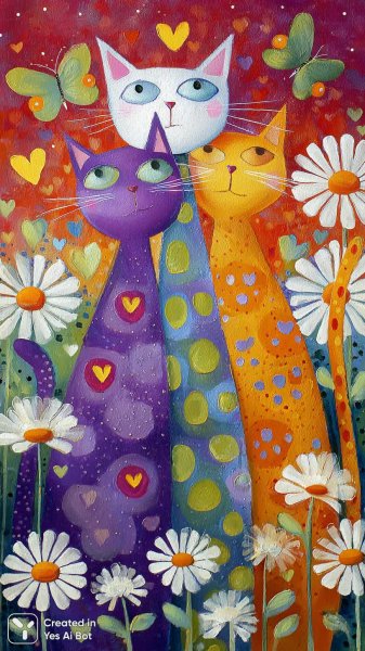 Весёлая кошачья семья в поле ромашек и бабочек. Изображение из нейросети Миджорни