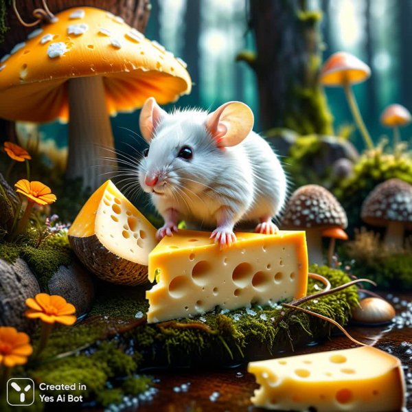 Маленький мышонок и огромный гриб из сыра в волшебном лесу. Изображение из нейронной сети Stable Diffusion