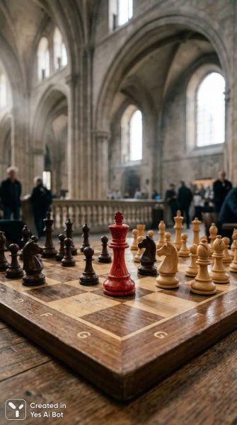 Красная фигура на шахматной доске в размытом интерьере с высокими арками и потолком. Картинка из нейросети Нано Банана