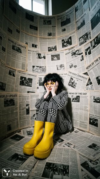 Девушка в необычном интерьере с газетами и яркими акцентами. Генерация из нейронной сети NanoBanana