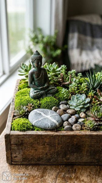 Миниатюрный сад с Буддой и суккулентами в стиле бохо. Изображение из нейронной сети Nano Banana