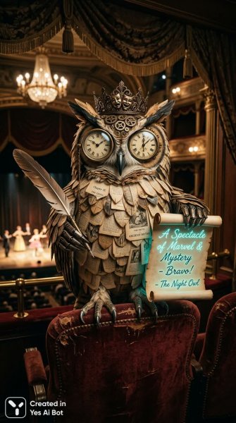 Сова в ложе: театр времени и пергаментов под сенью викторианского стемпанка. Изображение из нейронной сети Nano Banana