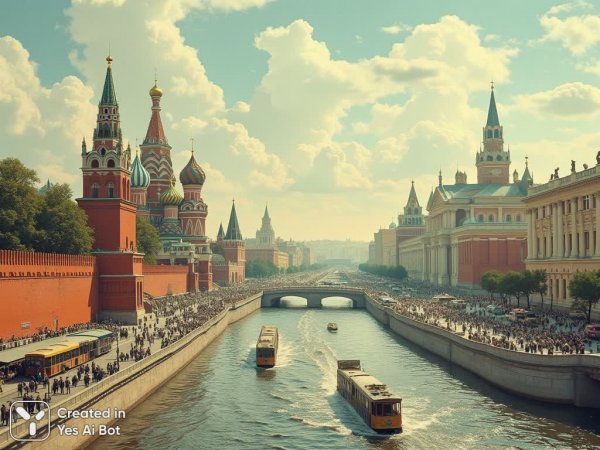 Московский пейзаж начала XX века: Кремль и собор Василия Блаженного в дымке времени. Генерация из нейросети Flux 1