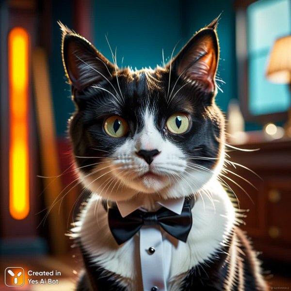 Забавная кошка в смокинге: сбой системы и удивлённый взгляд крупным планом. Нейронная сеть Stable Diffusion