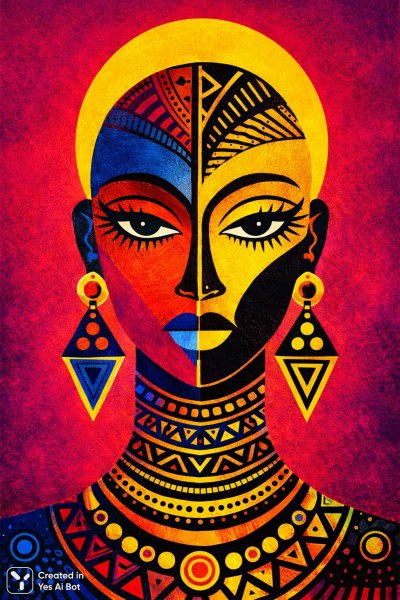 Этническое лицо в стиле кубизма: яркий африканский минимализм и геометрические узоры. Генерация из нейросети Sora Images