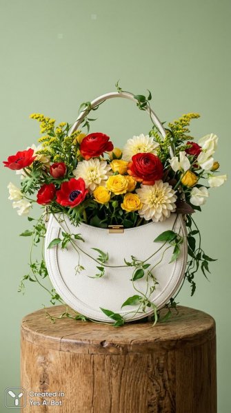 Цветочный букет в кожаной сумке: макросъемка в стиле минимализма с мягким освещением и натуральным фоном. Картинка из нейросети NanoBanana