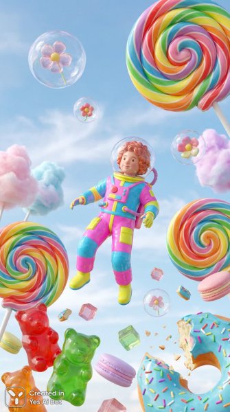 Космический астронавт из конфет: сладкие мечты в ярком мире сладостей и фантазий. Изображение из нейросети NanoBanana