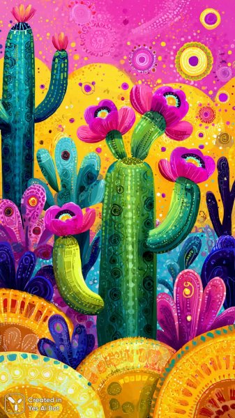 Пустынный пейзаж с цветущим кактусом и сердцем в небе. Генерация из нейросети Миджорни