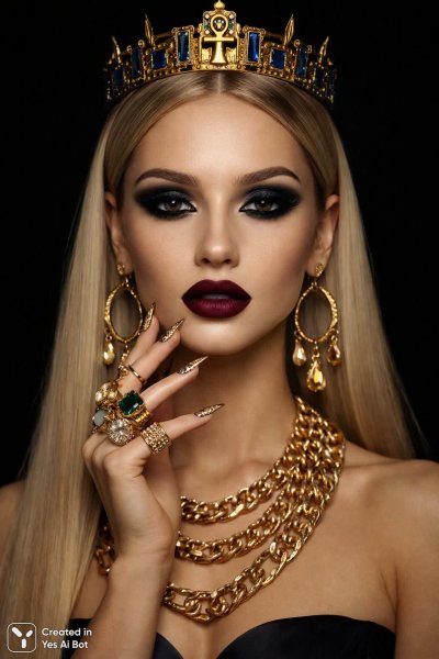 Роскошный образ: золото, гранит и драматичный макияж в студии. Изображение из нейронной сети Sora Ai Images