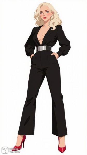 Элегантный образ в черном комбинезоне с красными туфлями. Изображение из нейронной сети Flux 1