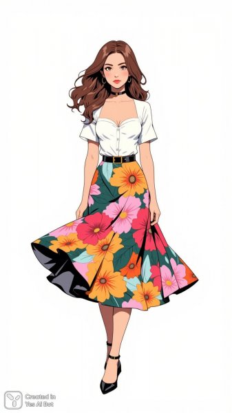 Яркий образ: цветочная юбка и белая блузка с воздушным настроением. Нейронная сеть Flux.1