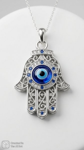 Серебряный талисман хамса с голубым глазом и кристаллами: изысканное украшение в стиле минимализм. Картинка из нейронной сети Нано Банана