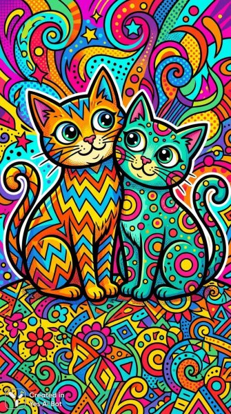 Игривые коты в стиле поп-арт с геометрическими узорами и ярким фоном. Генерация из нейросети Nano-Banana