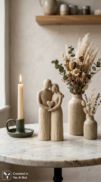 Керамическая пара с сердцем: уют и минимализм в интерьере. Нейросеть Nano-Banana