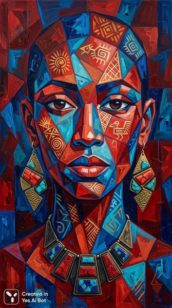 Кубизм и этника: лицо, разделенное на яркие пространства, графическое великолепие в красных и синих тонах. Генерация из нейросети Nano-Banana