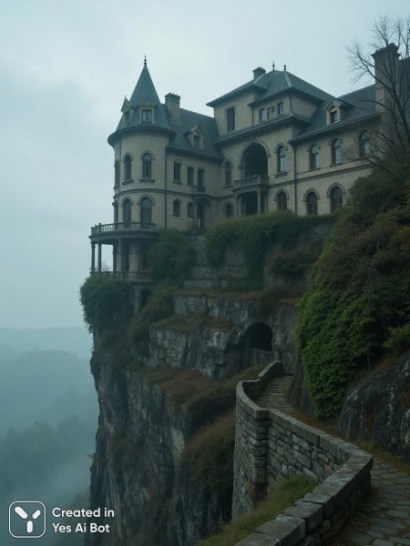 Заброшенный особняк на краю пропасти: атмосфера таинственности и упадка. Нейронная сеть Flux 1