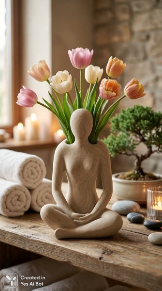 Уютный спа-уголок с тюльпанами и камнями: воплощение спокойствия и гармонии. Нейросеть Nano-Banana