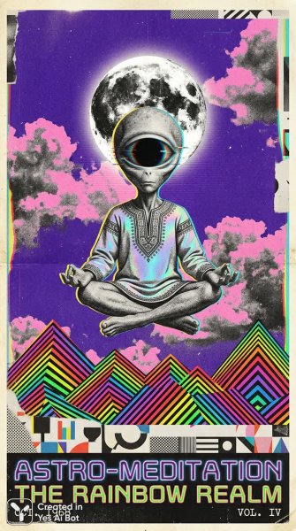 Медитирующий инопланетянин над радужными горами в психоделическом мире. Нейронная сеть NanoBanana