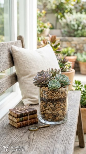 Современная флористика: композиция из суккулентов и декоративных камней. Нейросеть Nano Banana