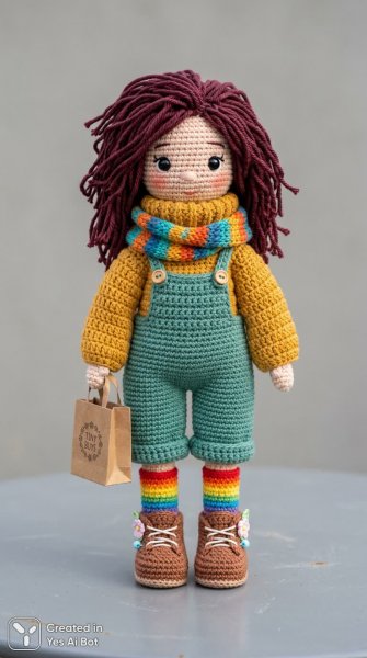 Кукла амігуручі в стильному образі: барвистий шарф та затишний светр. Картинка из нейросети NanoBanana